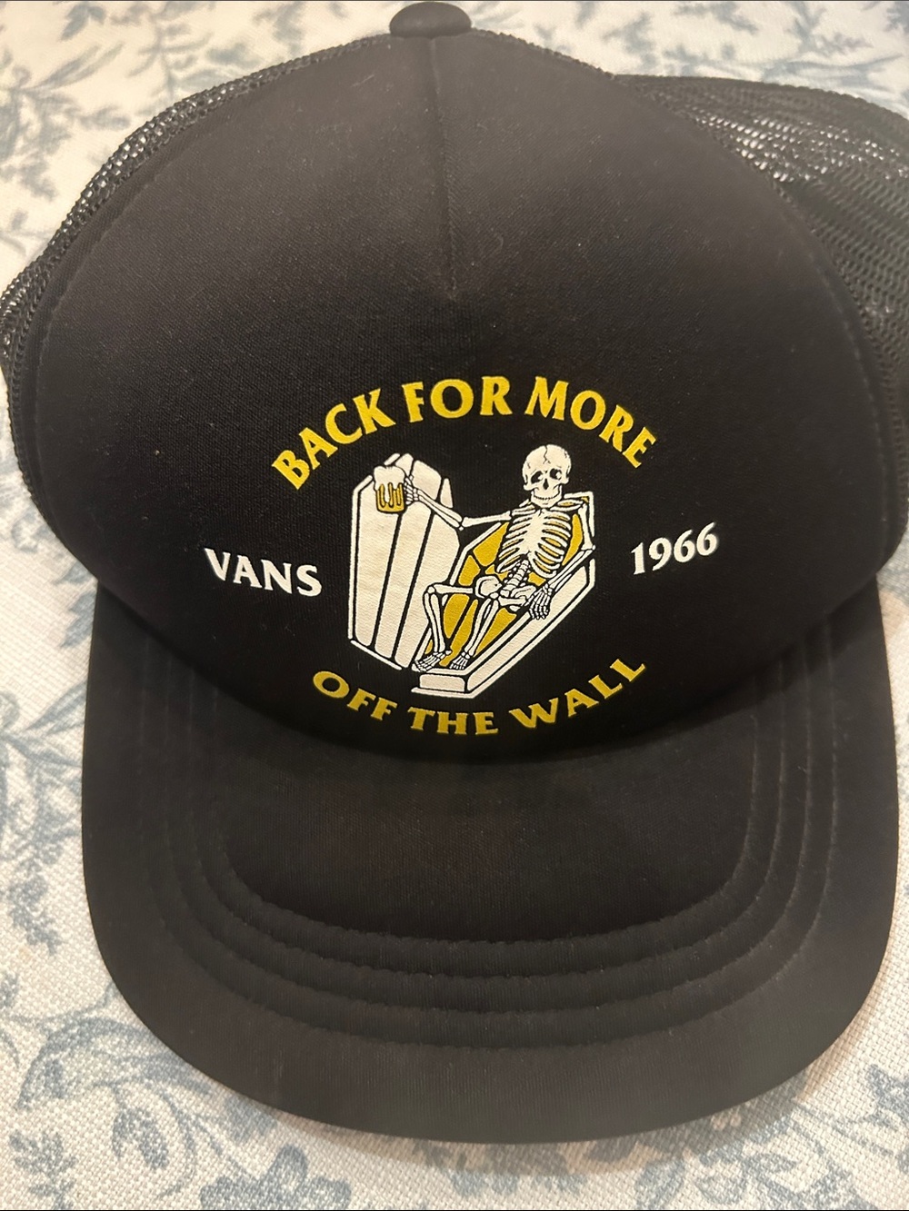 Vans Black Hat with Yellow & White Coffin Skeleton Graphic